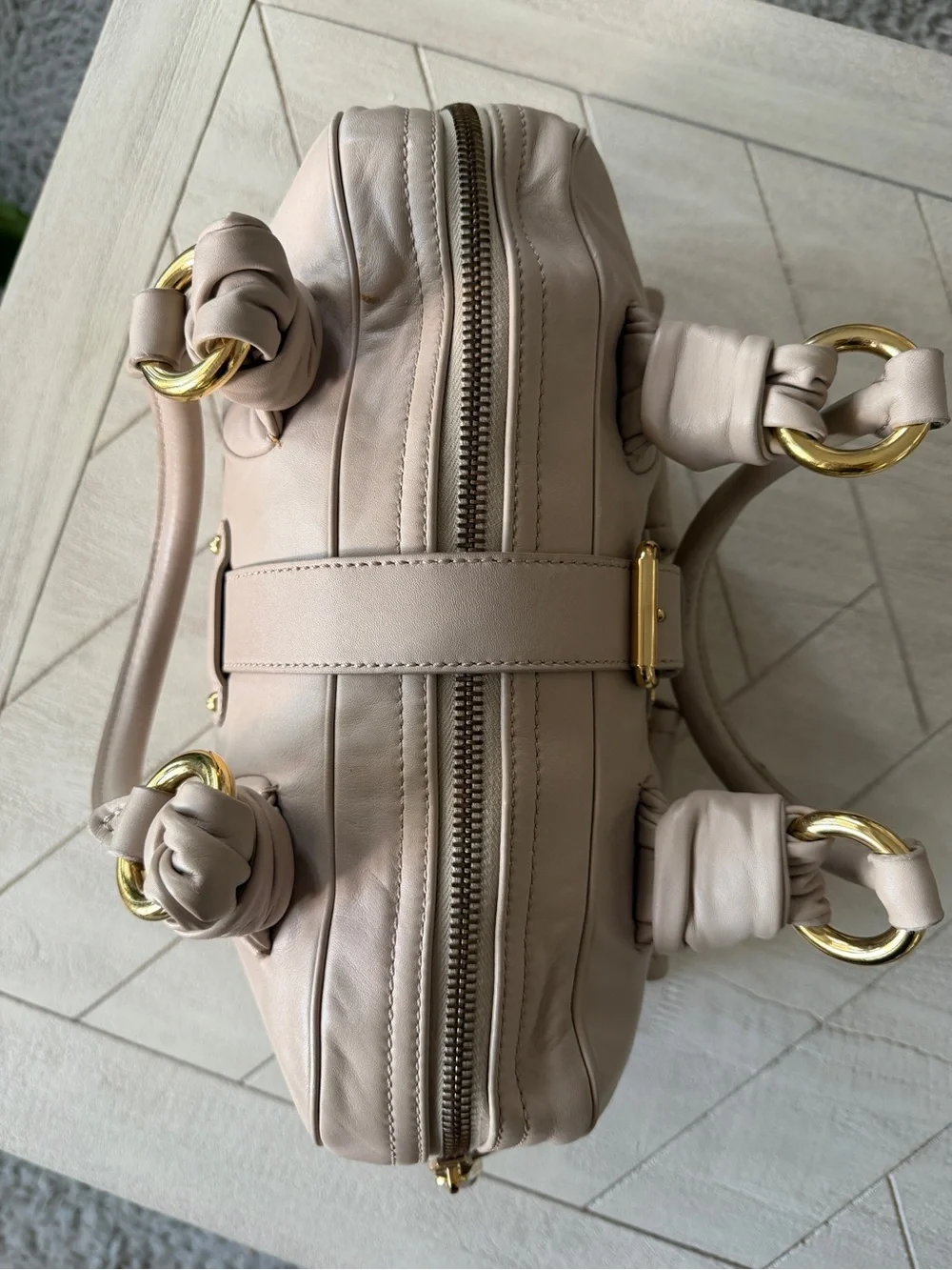 Marc Jacobs Ivory Leather Satchel Gold Hardware Double Pocket Purse Bag